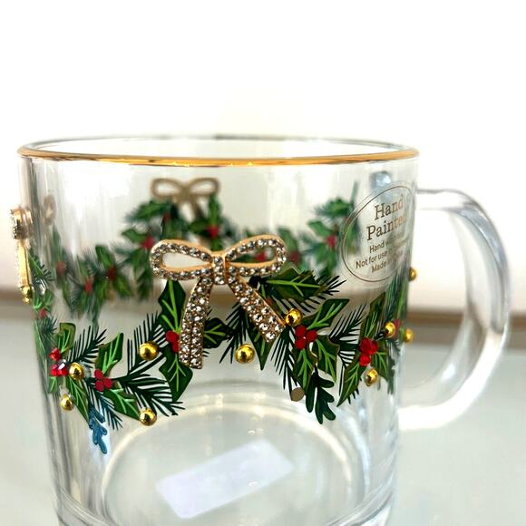 Hand Painted & Jeweled Thick Glass Mug Set of 2 Coquette Christmas Holly & Bows - Picture 5 of 16